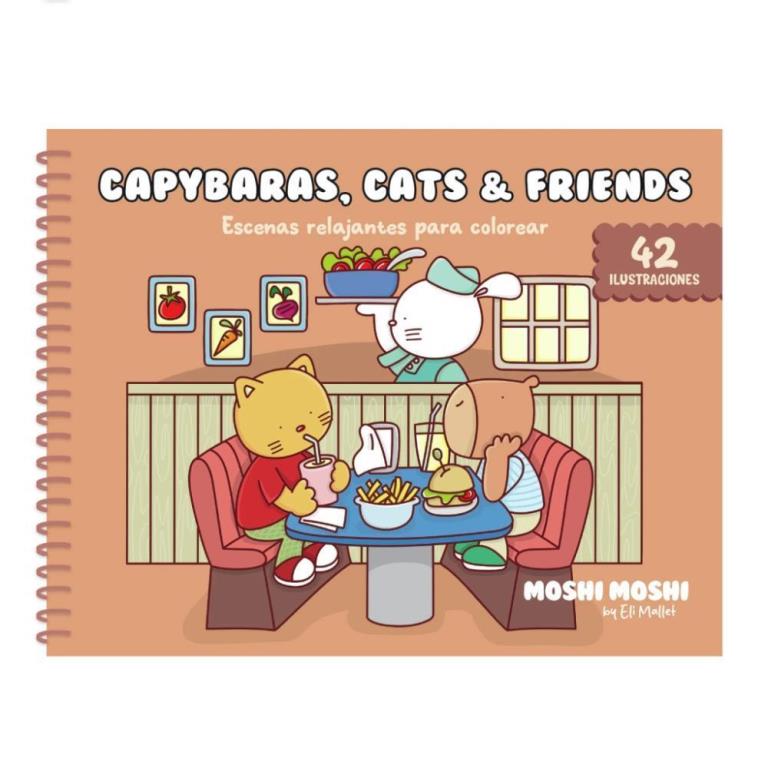 CAPYBARAS CATS Y FRIENDS- ESCENAS RELAJANTES PARA COLOREAR MOSHI MOSHI